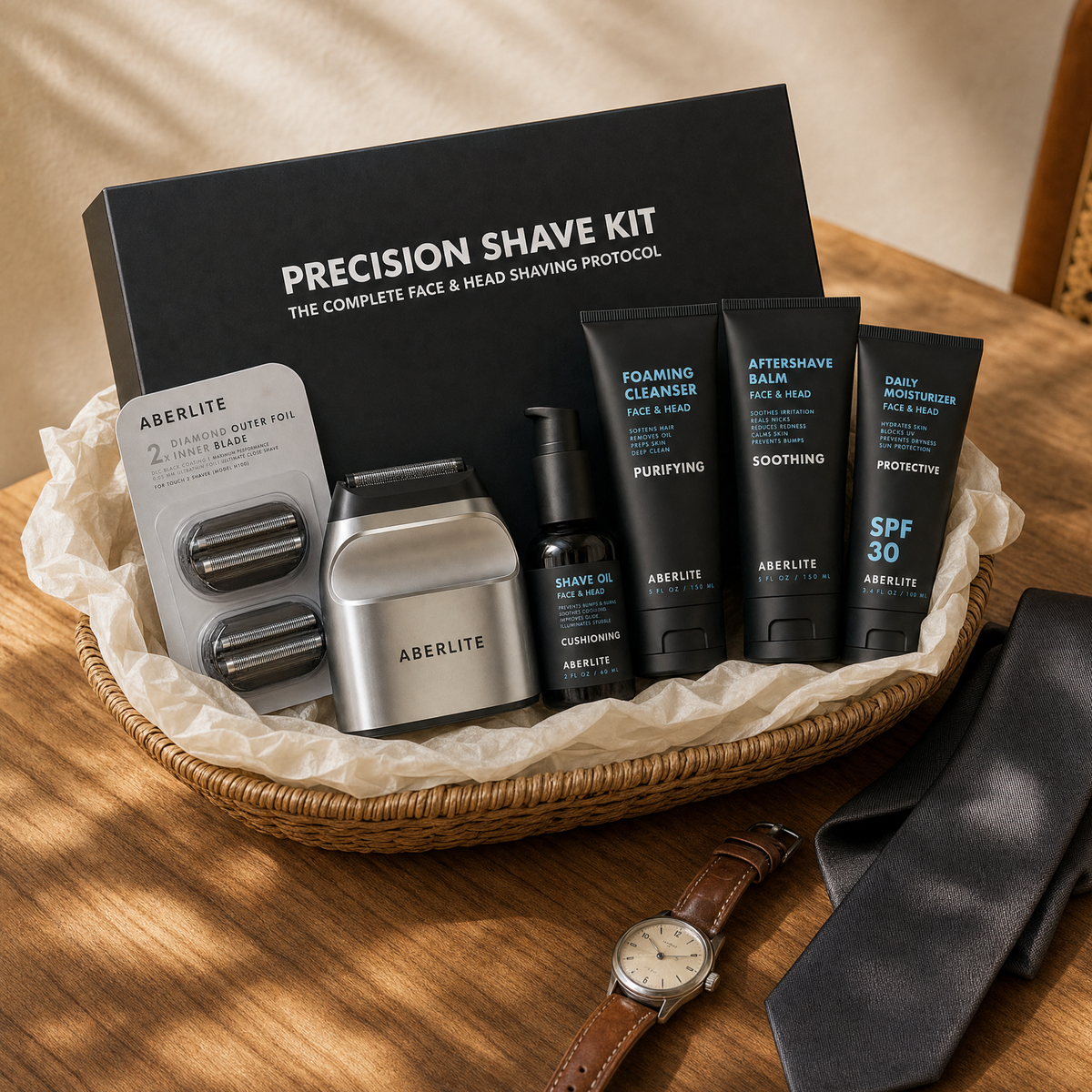 Precision Shave Kit with Aberlite products on a wooden surface